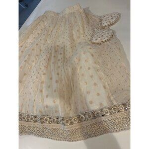 Elegant Beige Polka Dot Embroidered Skirt With Sequin Accents & Intricate Border